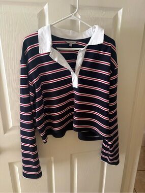 Striped Navy Blue Red Collegiate Style Cropped Rugby Polo Top Long Sleeve